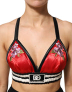 Dolce & Gabbana Red Satin Floral Embroidered Bralette Crop Top