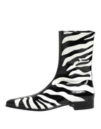 Dolce & Gabbana Black White Zebra Leather Mid Calf Boots Shoes