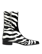 Dolce & Gabbana Black White Zebra Leather Mid Calf Boots Shoes