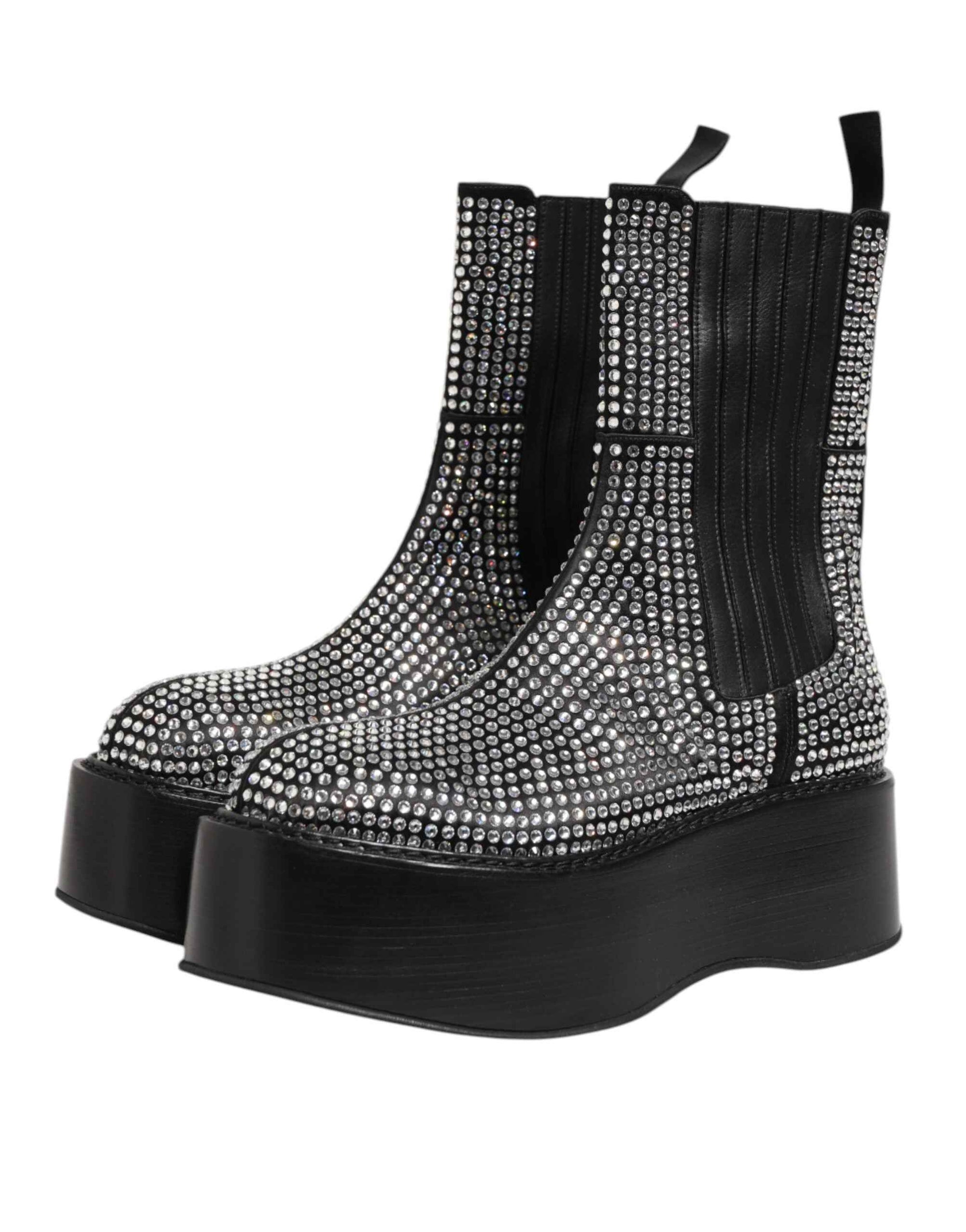 Dolce & Gabbana Black Crystal Strass Mid Calf Short Boots  Shoes