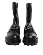 Dolce & Gabbana Black Logo Plaque Mid Calf Biker Boots Shoes