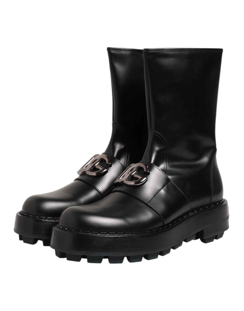 Dolce & Gabbana Black Logo Plaque Mid Calf Biker Boots Shoes