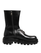 Dolce & Gabbana Black Logo Plaque Mid Calf Biker Boots Shoes