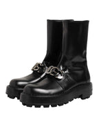 Dolce & Gabbana Black Logo Plaque Mid Calf Biker Boots Shoes