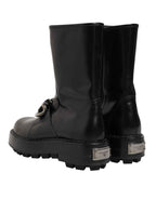 Dolce & Gabbana Black Logo Plaque Mid Calf Biker Boots Shoes