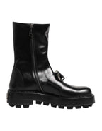 Dolce & Gabbana Black Logo Plaque Mid Calf Biker Boots Shoes