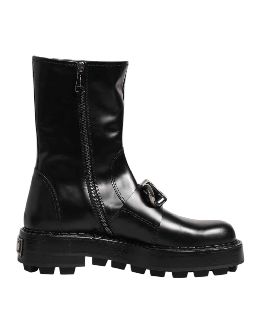 Dolce & Gabbana Black Logo Plaque Mid Calf Biker Boots Shoes