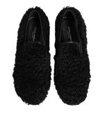 Dolce & Gabbana Dress Black Fur Leather Slippers Men Shoes