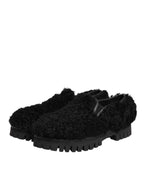 Dolce & Gabbana Dress Black Fur Leather Slippers Men Shoes