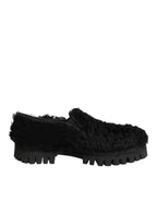 Dolce & Gabbana Dress Black Fur Leather Slippers Men Shoes