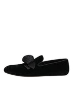 Dolce & Gabbana Black Suede Cotton Rose Slip On Loafers Shoes