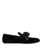 Dolce & Gabbana Black Suede Cotton Rose Slip On Loafers Shoes
