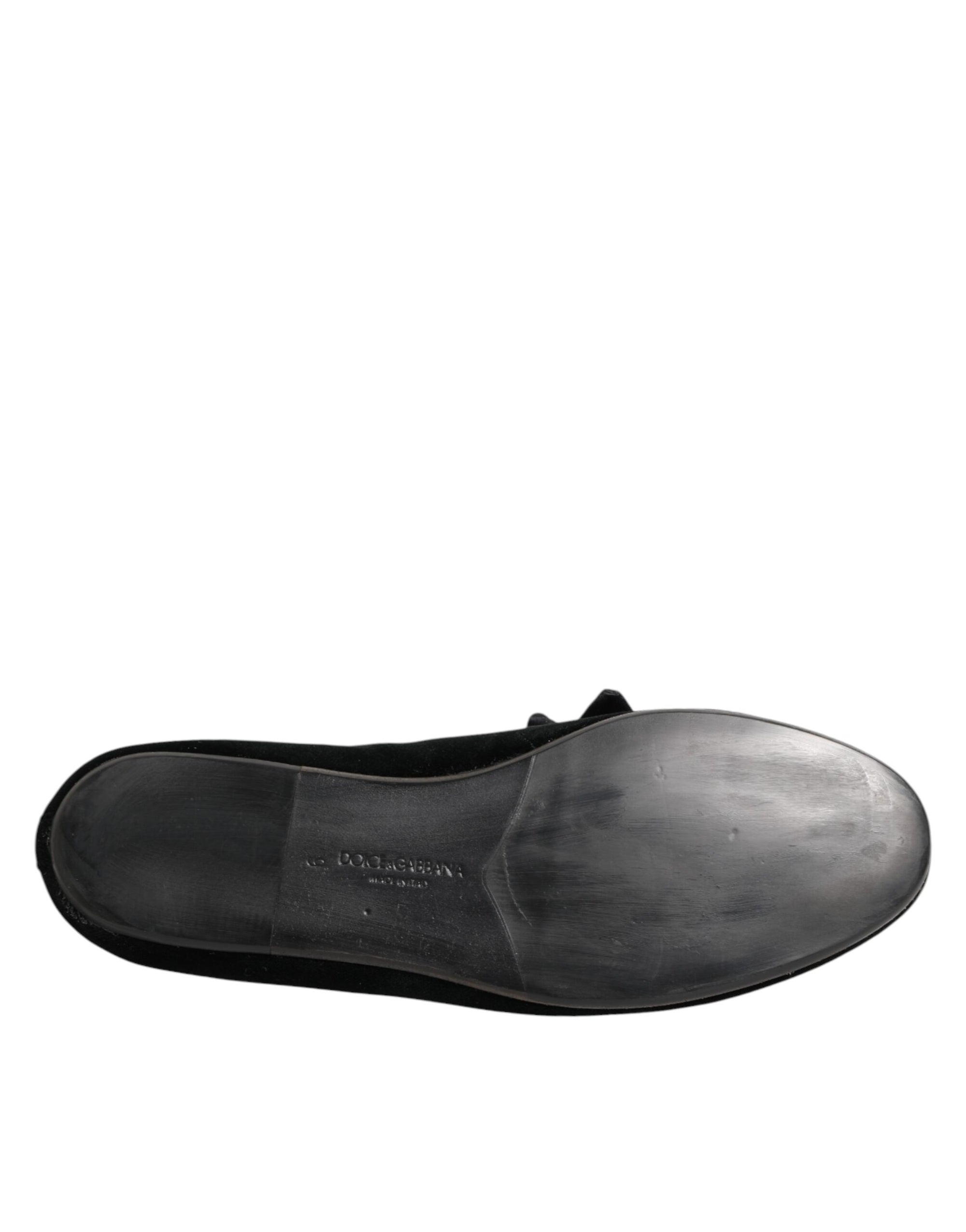 Dolce & Gabbana Black Suede Cotton Rose Slip On Loafers Shoes