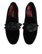 Dolce & Gabbana Black Suede Cotton Rose Slip On Loafers Shoes