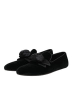 Dolce & Gabbana Black Suede Cotton Rose Slip On Loafers Shoes