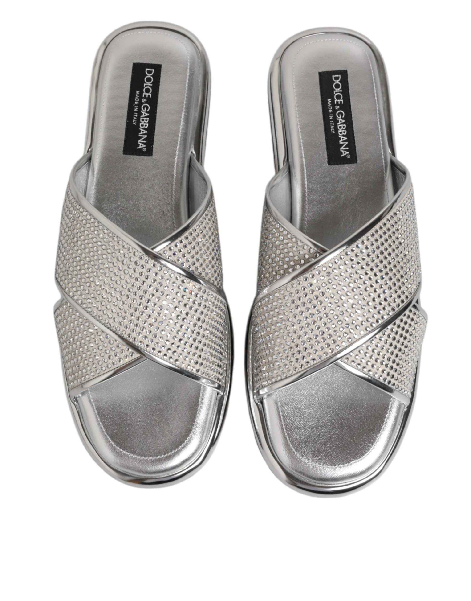 Dolce & Gabbana Silver Strass Slides Flats Slippers Shoes