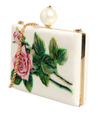 Dolce & Gabbana White Rose Embroidery Silk Gold Frame Clutch Purse Bag