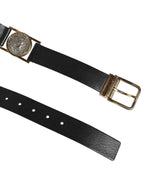 Dolce & Gabbana Black Leather Gold Silver Coin Buckle Belt