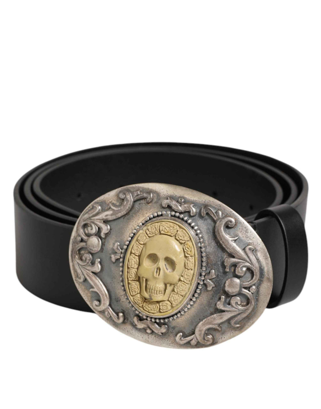 Dolce & Gabbana Black Leather Ornate Metal Buckle Men Belt