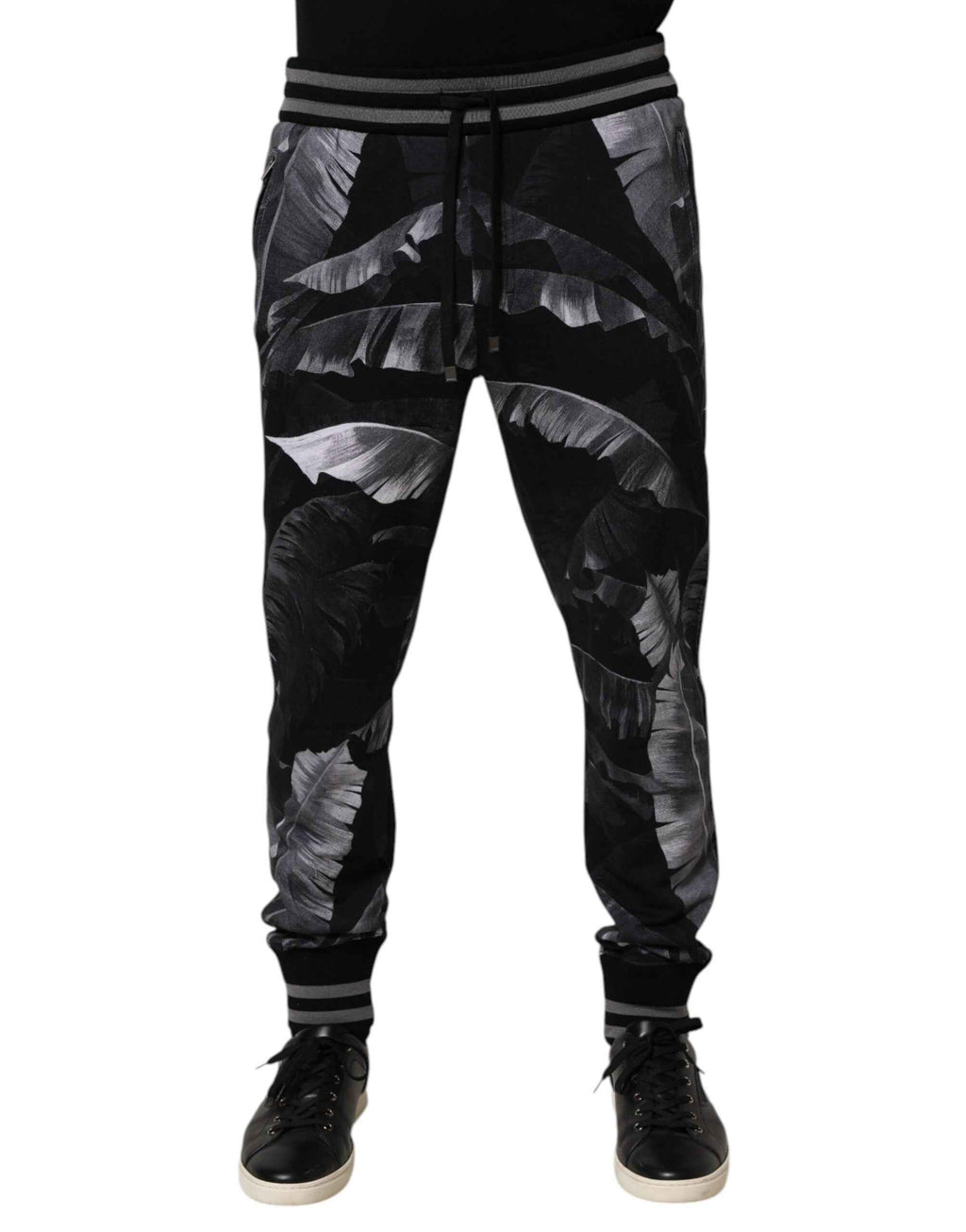 Dolce & Gabbana Black Banana Leaf Cotton Jogger Trouser Pants