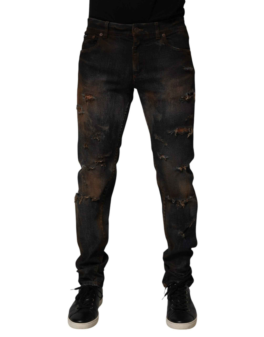 Dolce & Gabbana Black Cotton Skinny Tattered Men Denim Jeans