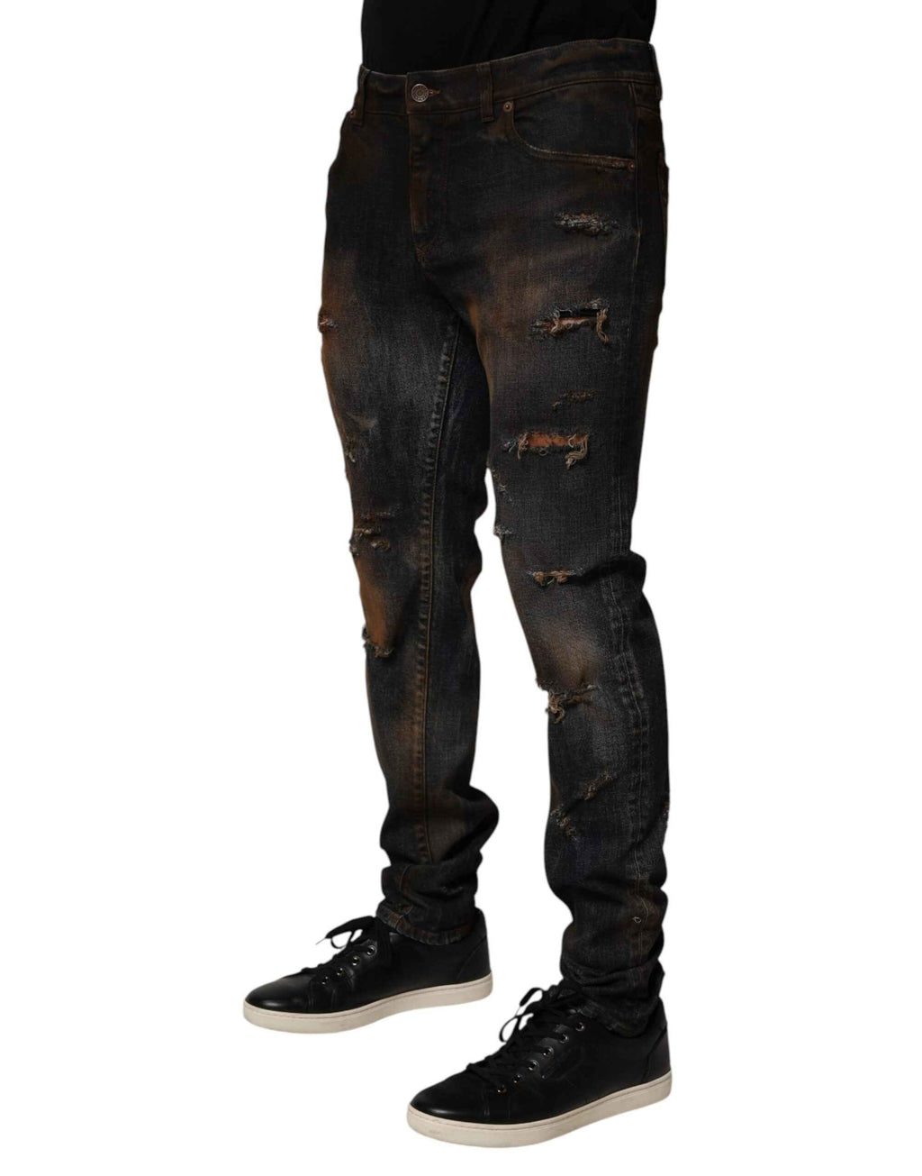 Dolce & Gabbana Black Cotton Skinny Tattered Men Denim Jeans