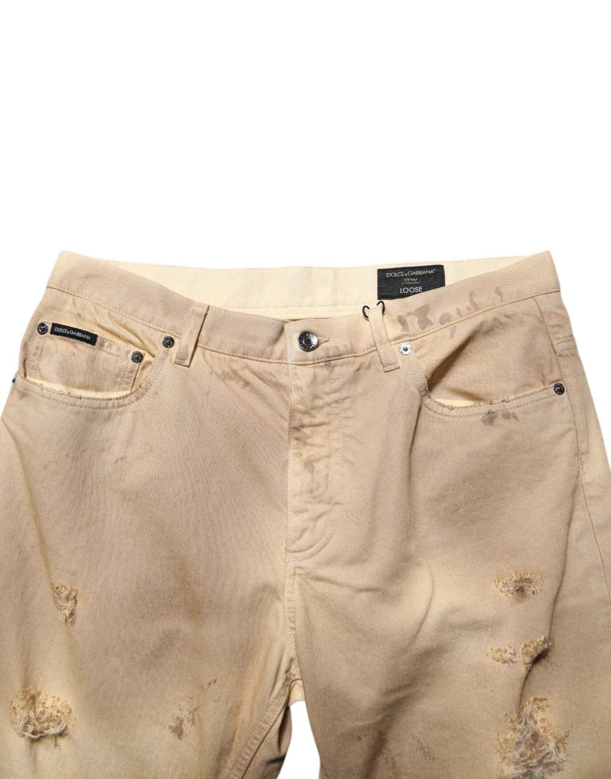 Dolce & Gabbana Beige Cotton Loose Tattered Men Denim Jeans