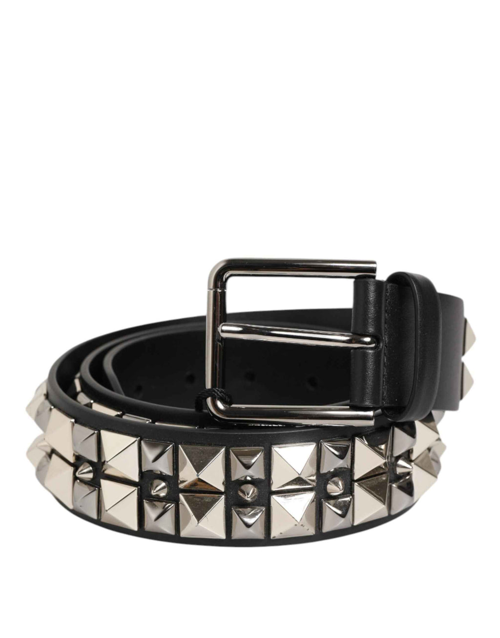Dolce & Gabbana Black Calf Leather Studded Silver Buckle Belt