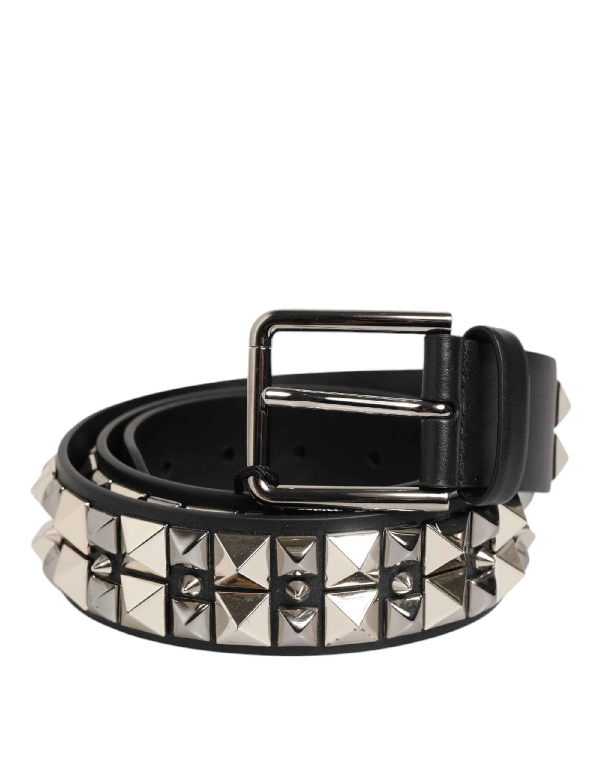 Dolce & Gabbana Black Calf Leather Studded Silver Buckle Belt