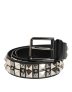 Dolce & Gabbana Black Calf Leather Studded Silver Buckle Belt