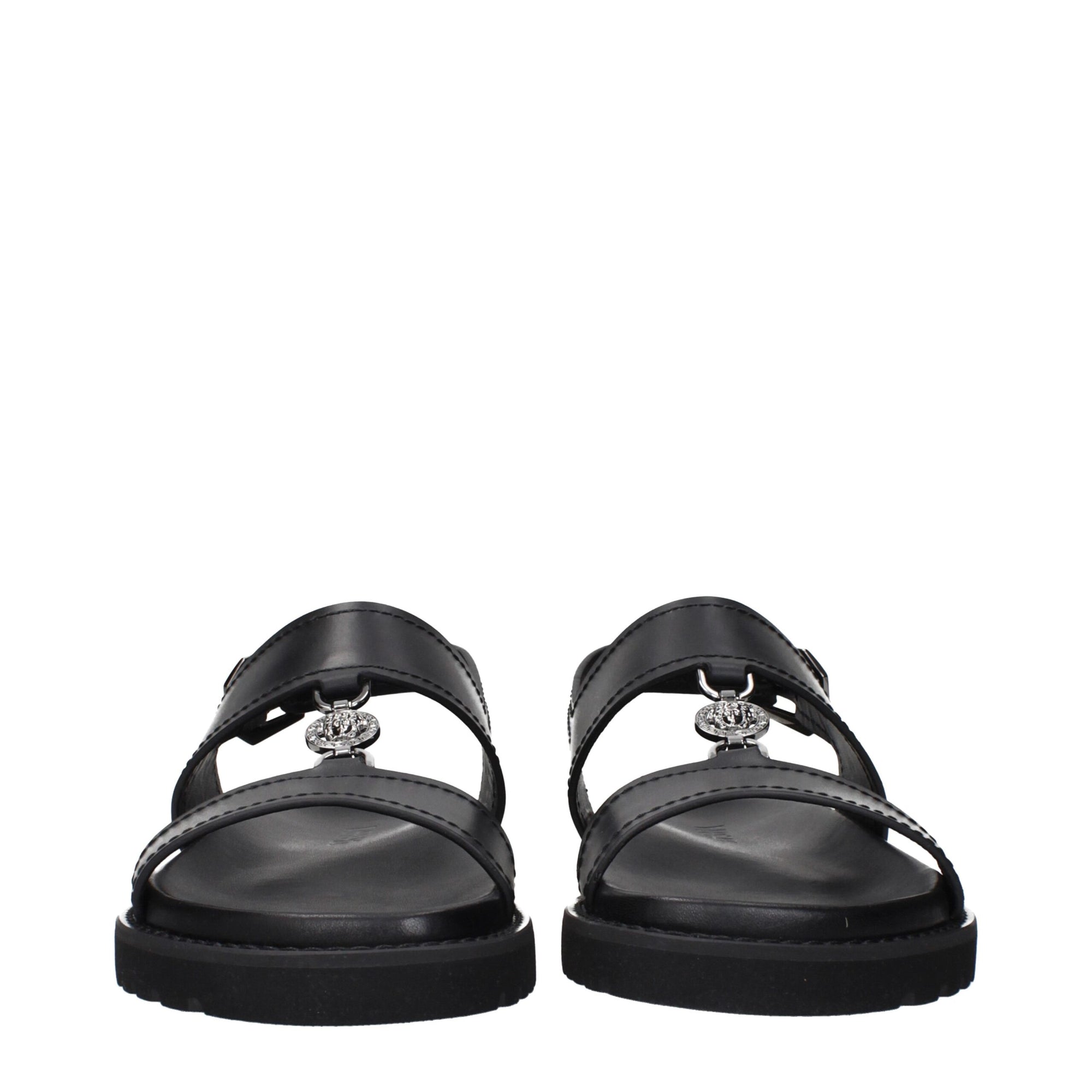 Versace Black Leather Flat Sandals