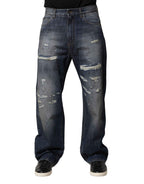 Dolce & Gabbana Blue Tattered Cotton Straight Men Denim Jeans