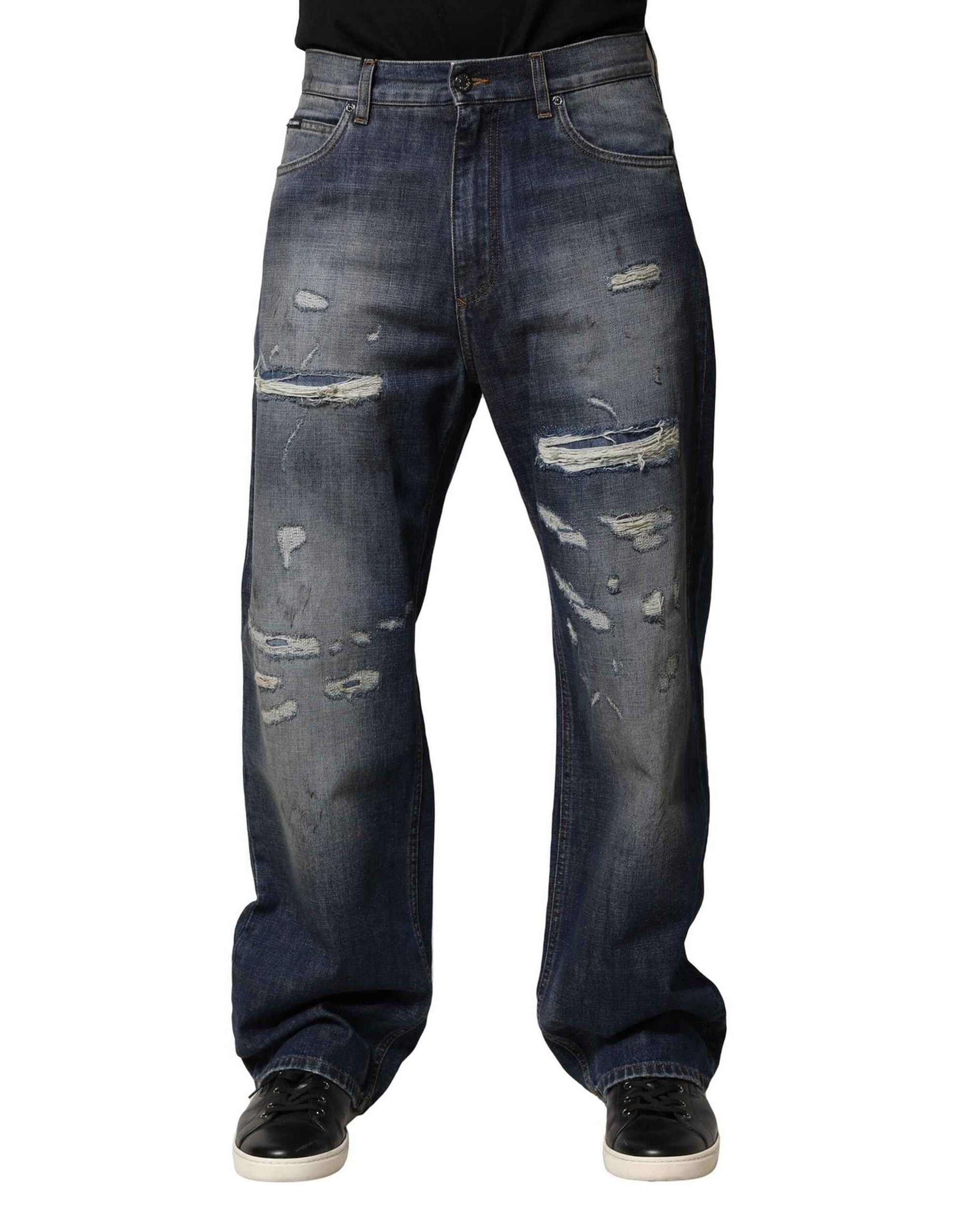 Dolce & Gabbana Blue Tattered Cotton Straight Men Denim Jeans