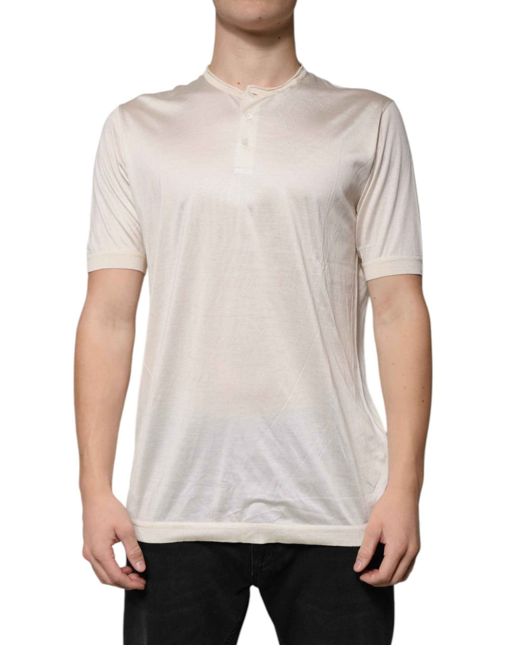 Dolce & Gabbana Off White Silk Henley Short Sleeves T-Shirt