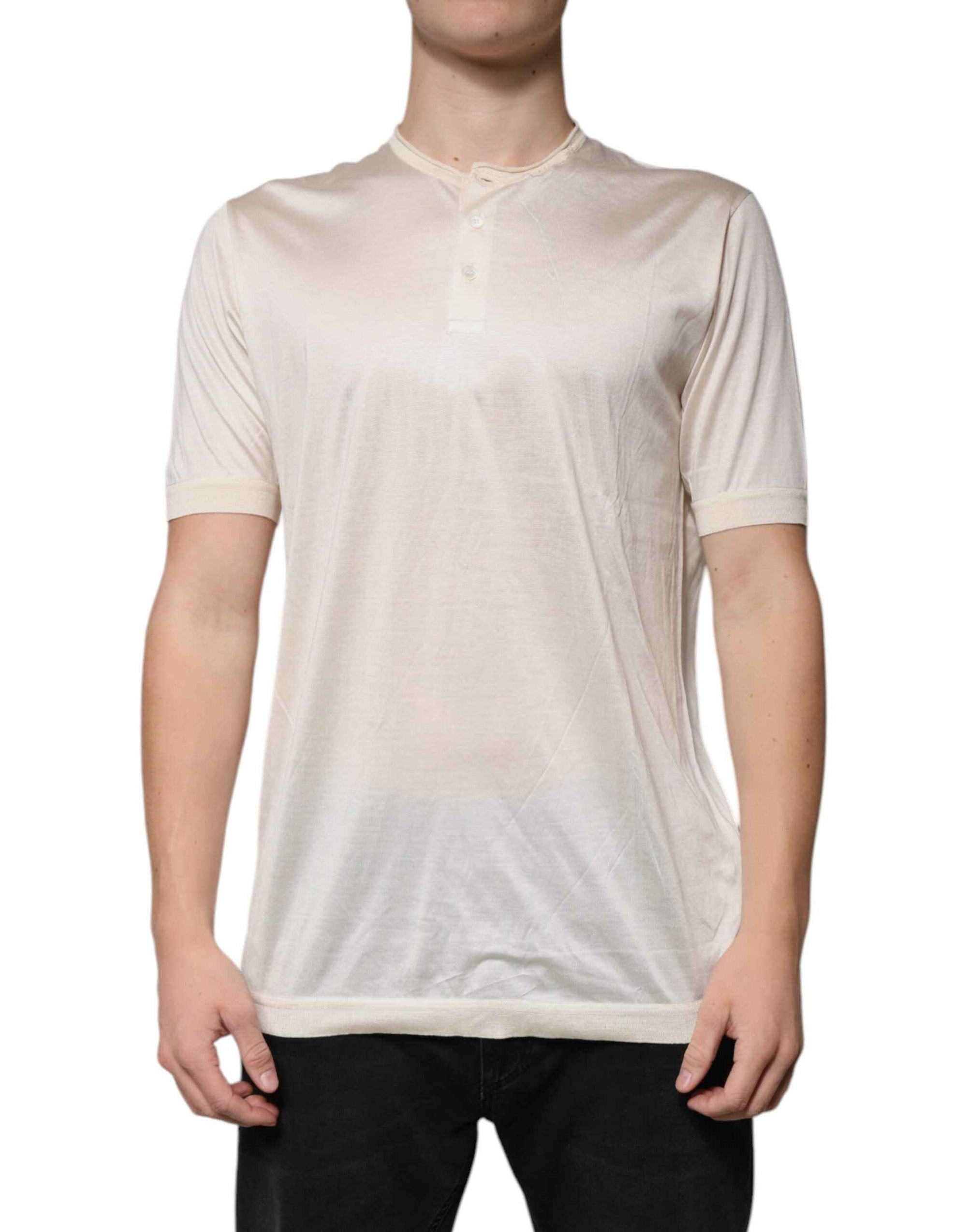 Dolce & Gabbana Off White Silk Henley Short Sleeves T-Shirt