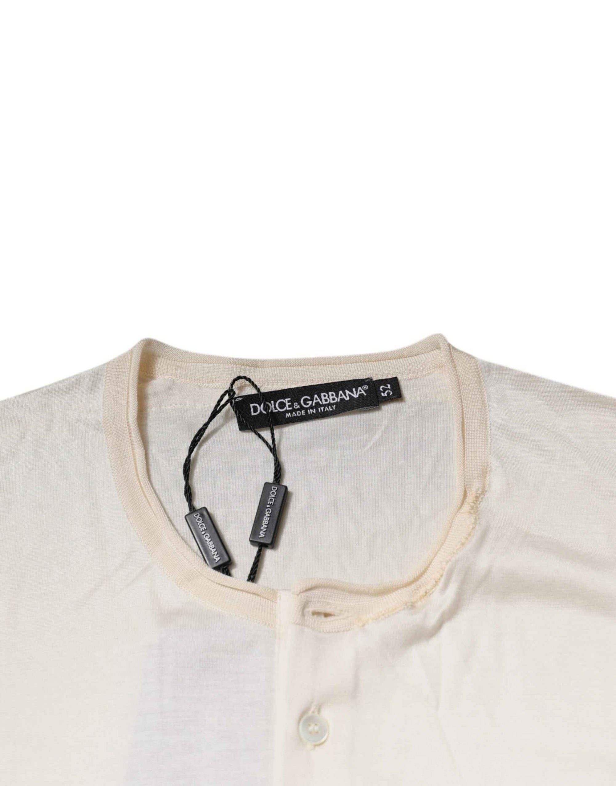 Dolce & Gabbana Off White Silk Henley Short Sleeves T-Shirt