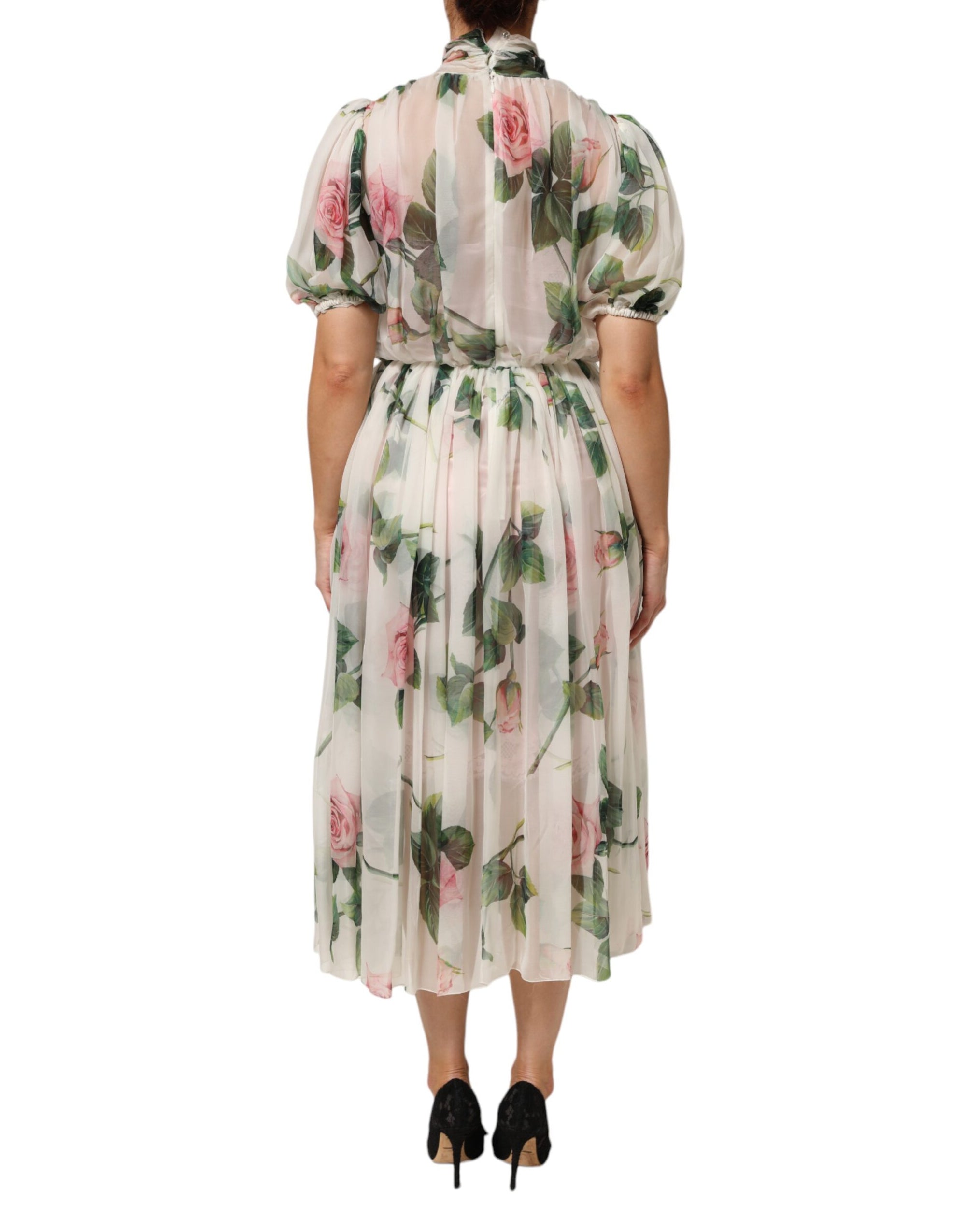 Dolce & Gabbana White Floral Print Silk Pleated Midi Dress