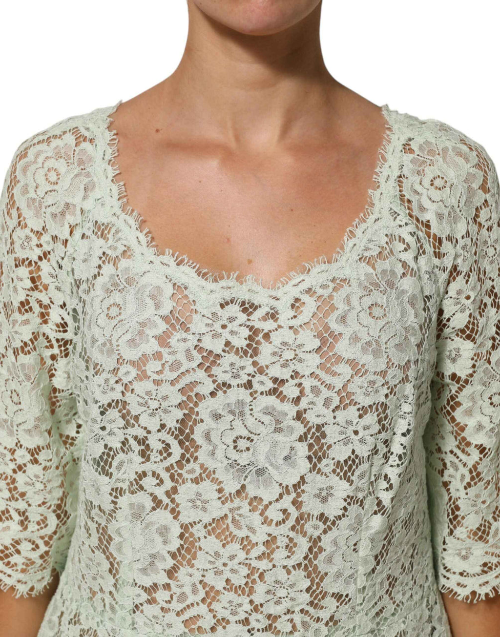 Dolce & Gabbana Mint Green Floral Lace Trim Midi Dress