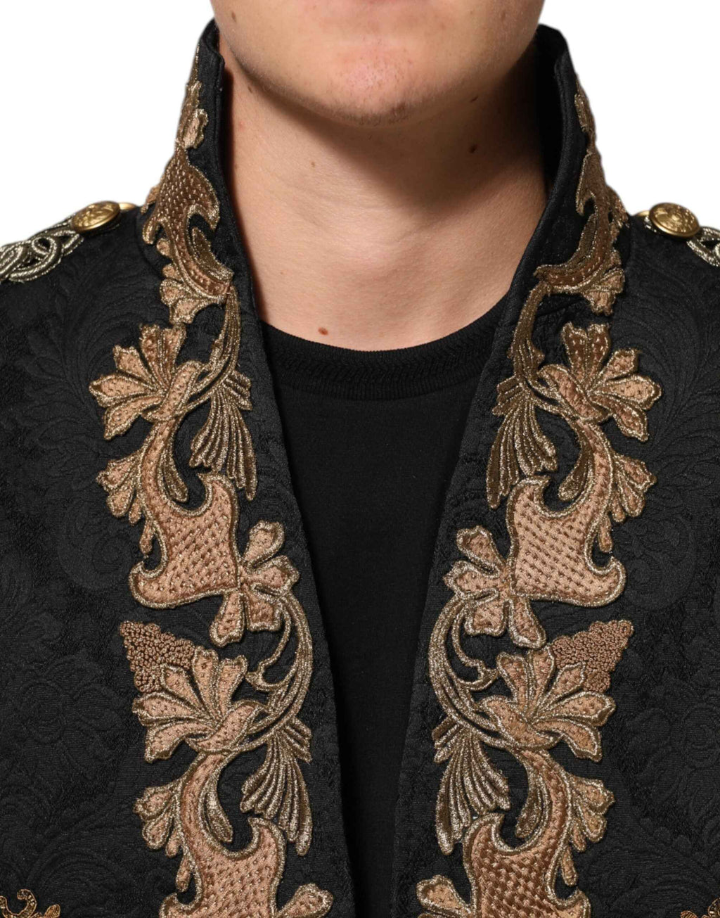 Dolce & Gabbana Black Brocade Embroidery Men Coat Jacket