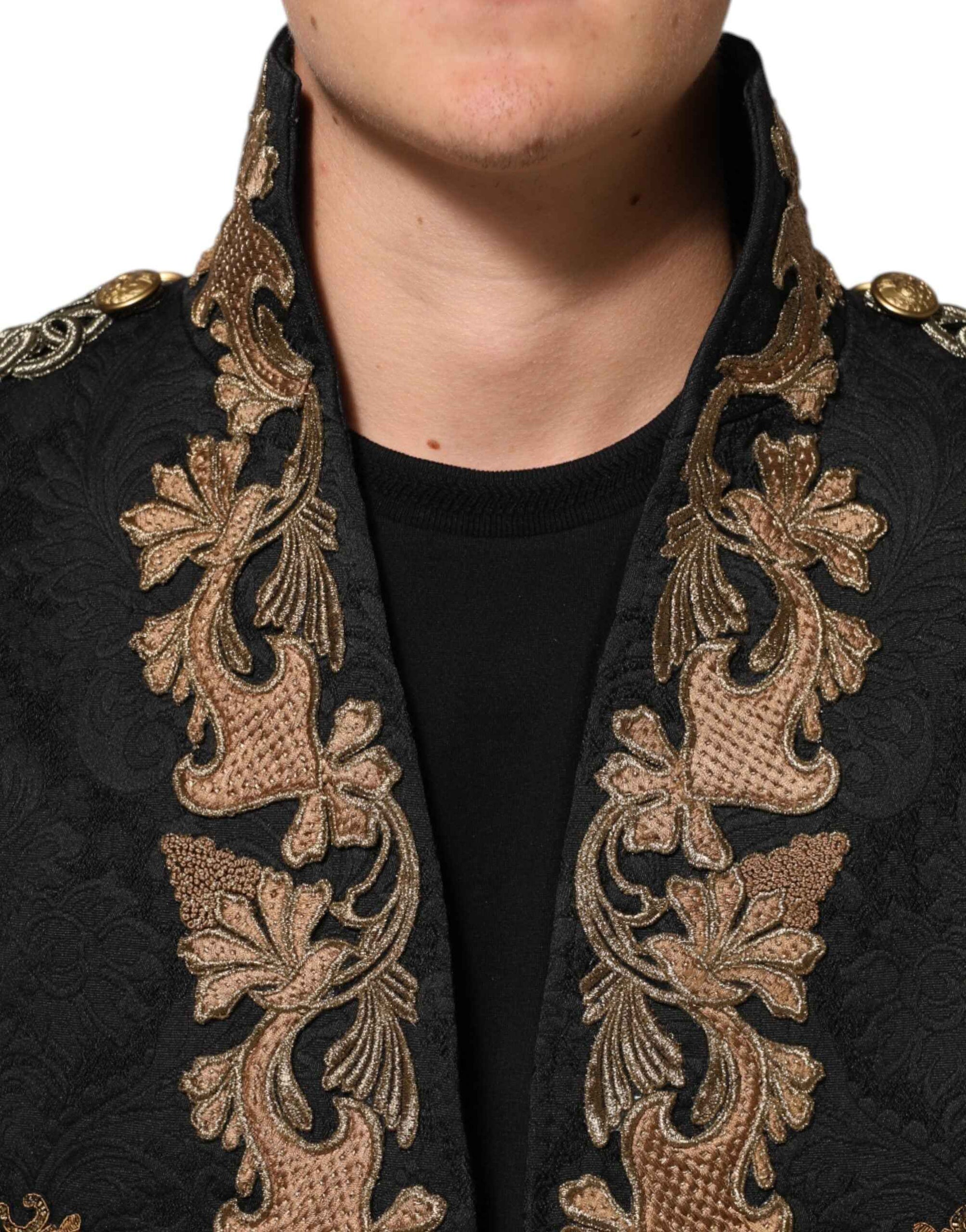 Dolce & Gabbana Black Brocade Embroidery Men Coat Jacket