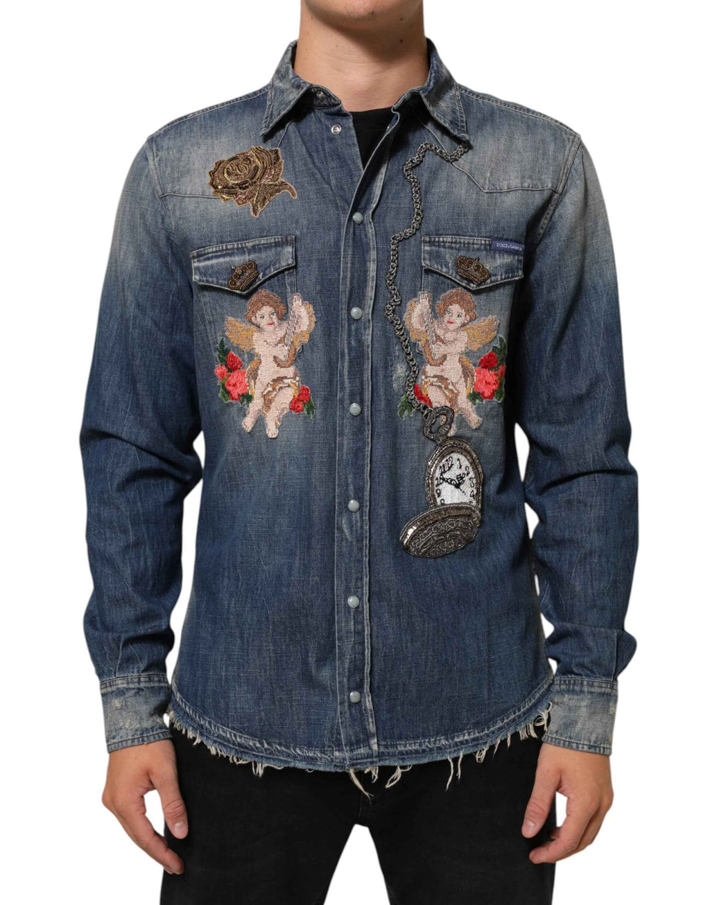 Dolce & Gabbana Blue Angel Patch Denim Buttoned Down Men Shirt