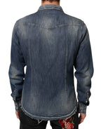 Dolce & Gabbana Blue Angel Patch Denim Buttoned Down Men Shirt