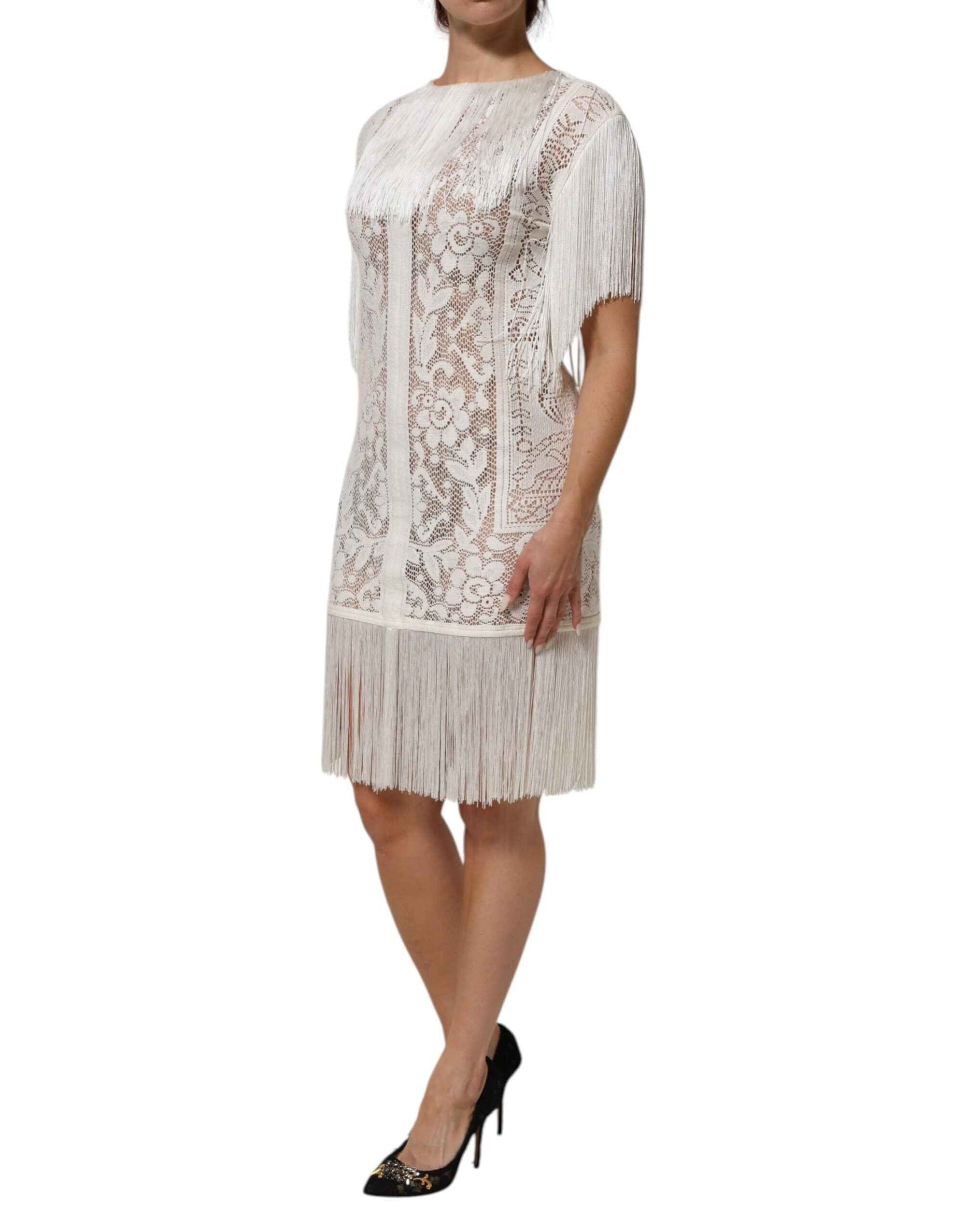 Dolce & Gabbana White Floral Lace Fringe Knee Length Dress