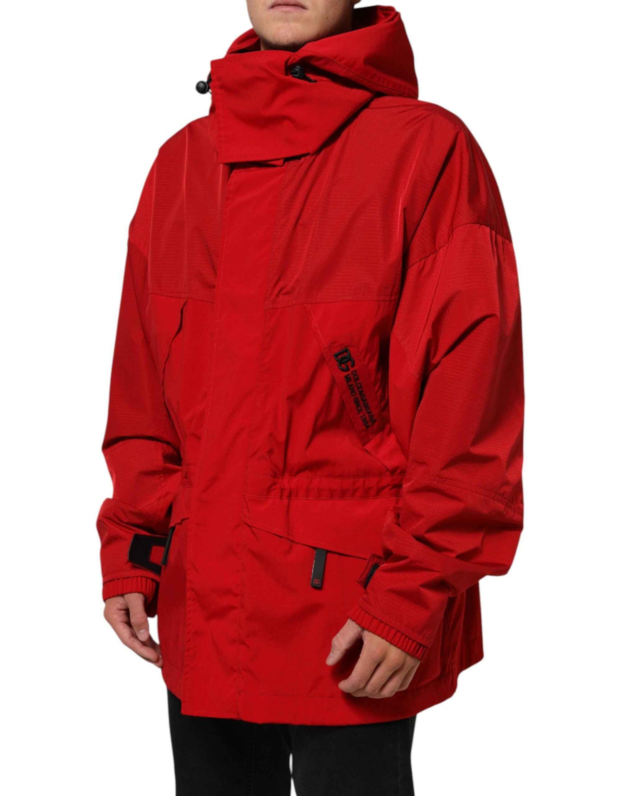 Dolce & Gabbana Red Nylon Hooded Men Full Zip Parka Jacket