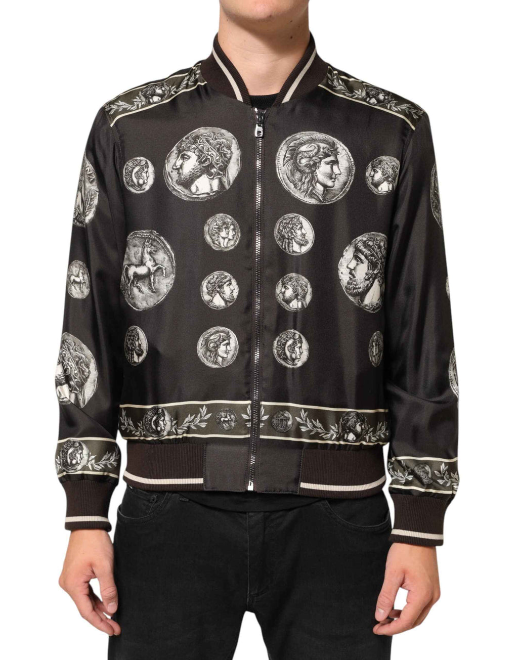 Dolce & Gabbana Black "Monete" Coin Print Silk Bomber Jacket