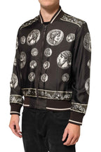 Dolce & Gabbana Black "Monete" Coin Print Silk Bomber Jacket