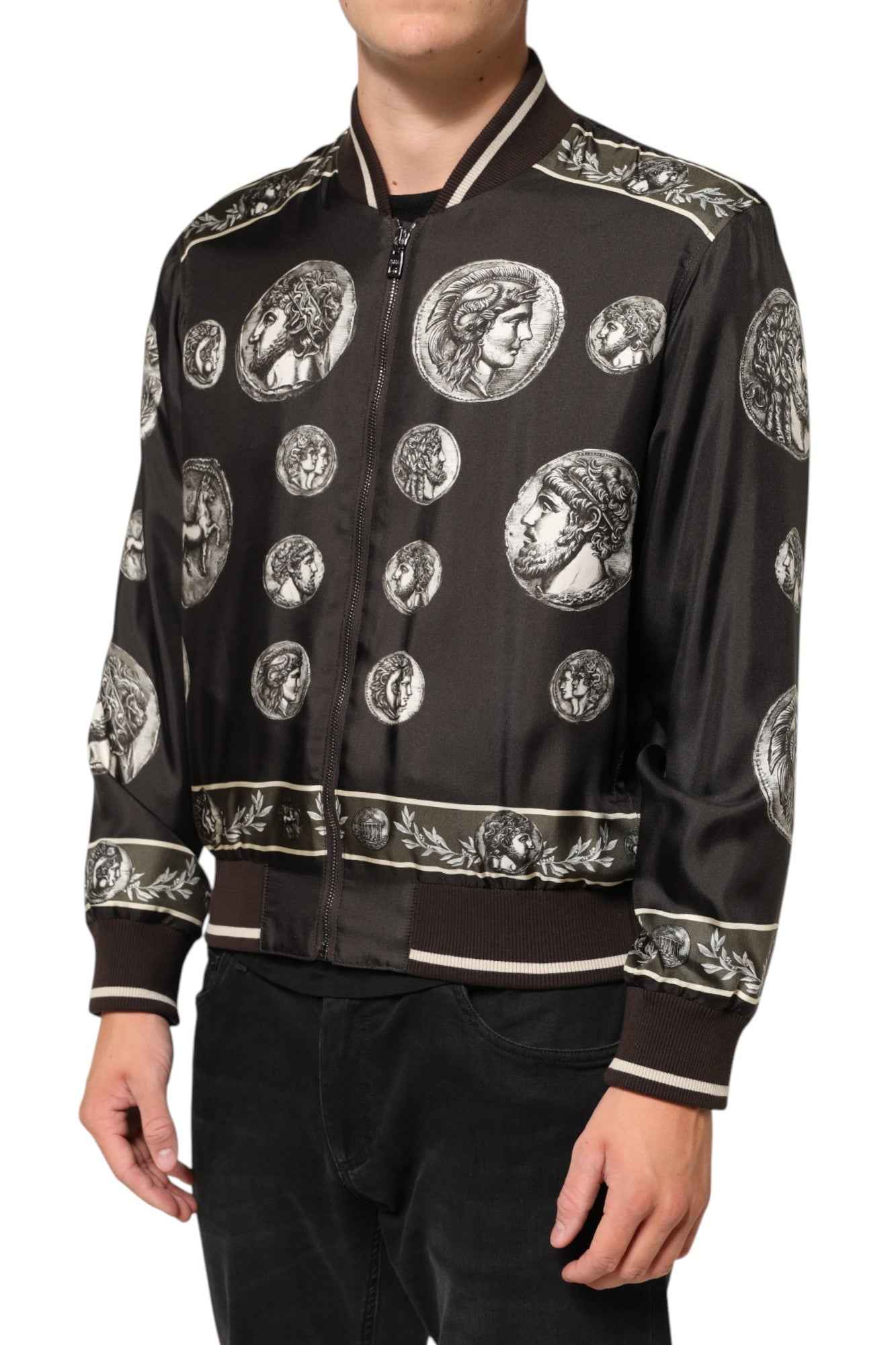 Dolce & Gabbana Black "Monete" Coin Print Silk Bomber Jacket