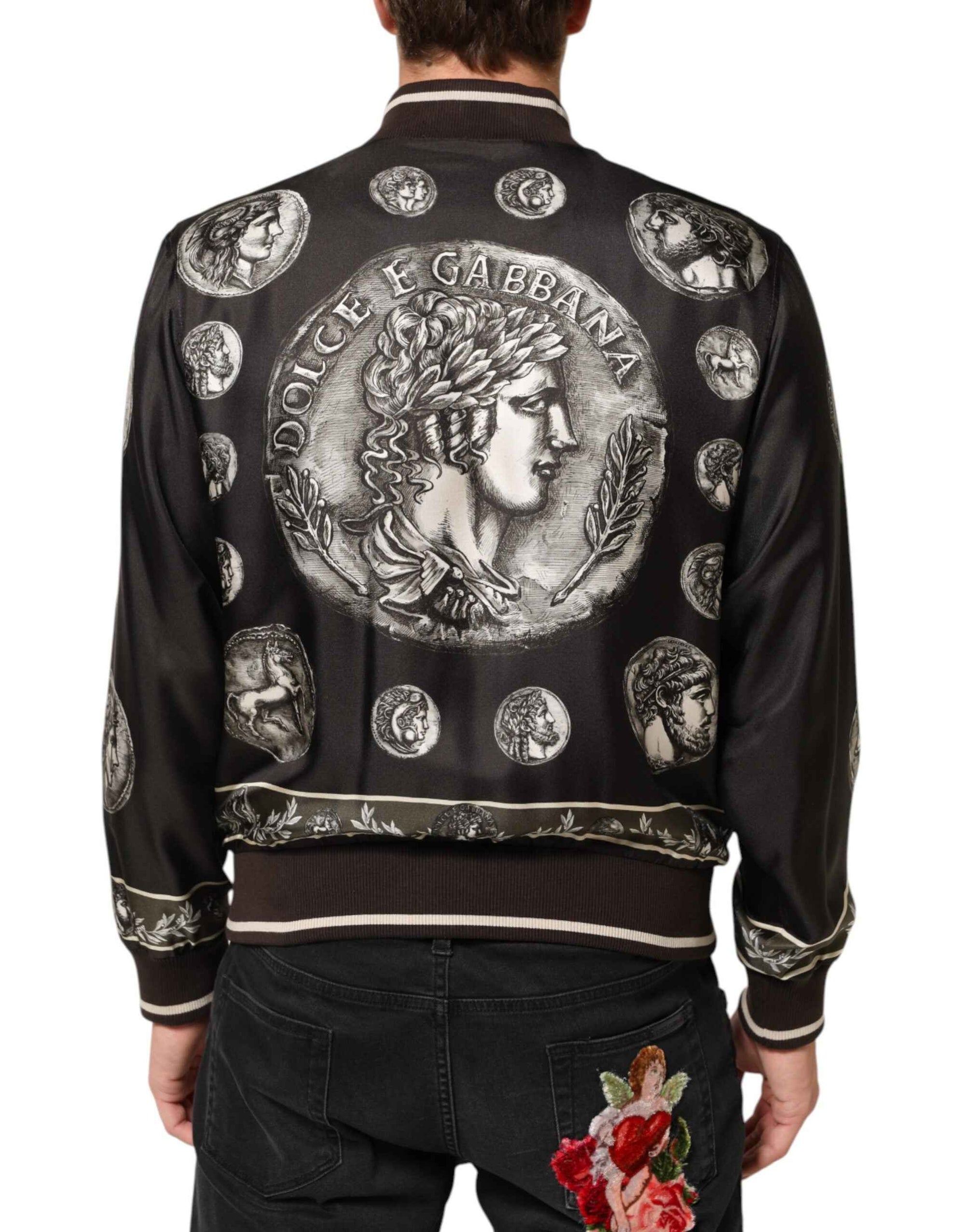 Dolce & Gabbana Black "Monete" Coin Print Silk Bomber Jacket