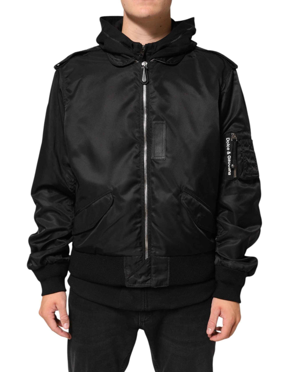 Dolce & Gabbana Black Cotton Hooded Full Zip Bomber Jacket