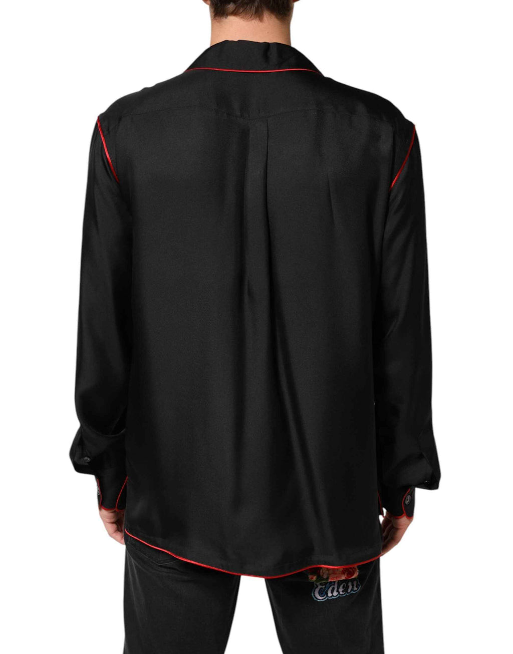 Dolce & Gabbana Black Red Contrast Trim Silk Casual Shirt